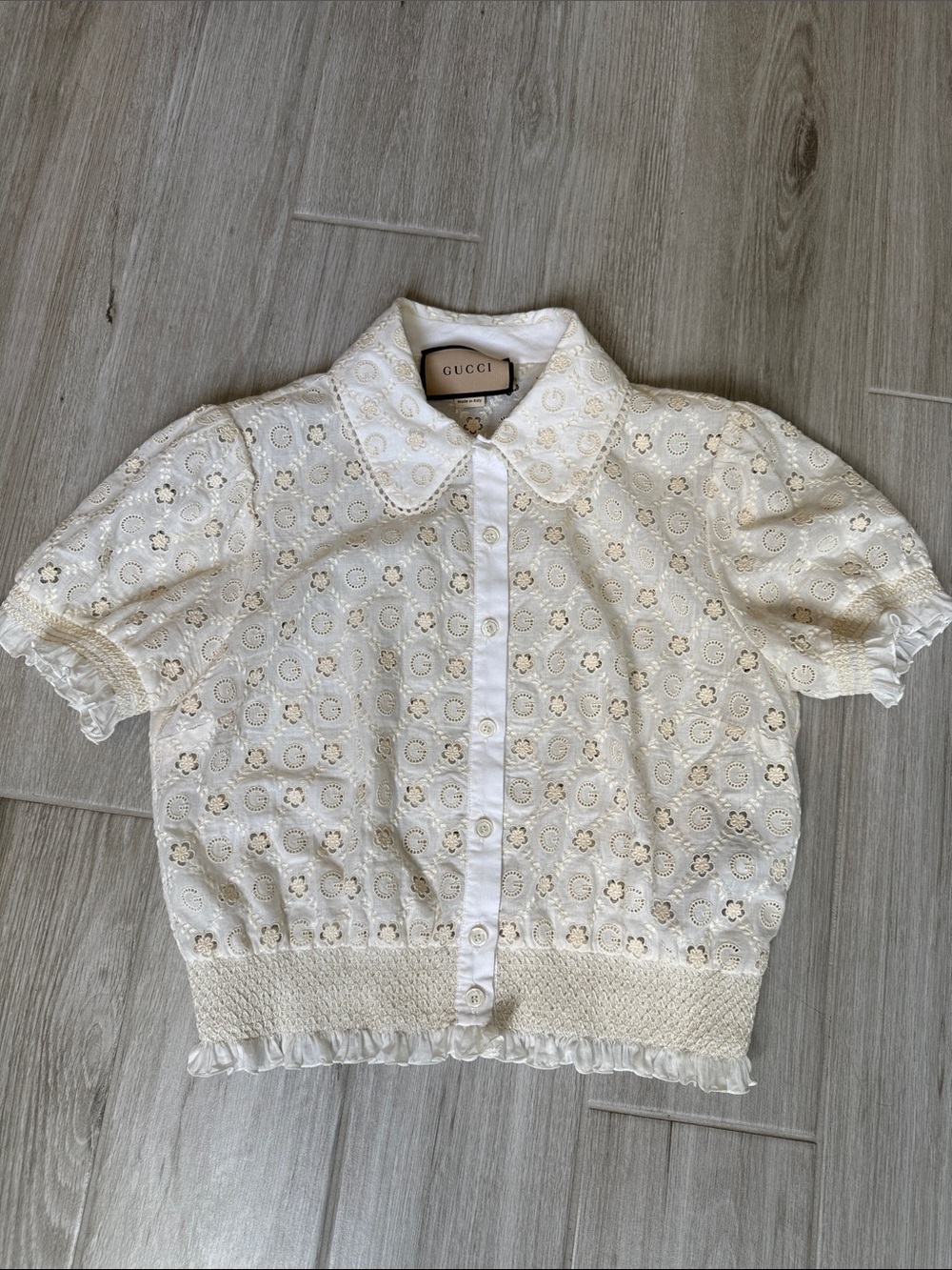 Gucci Cream Eyelet Puff Sleeve Button Front Top